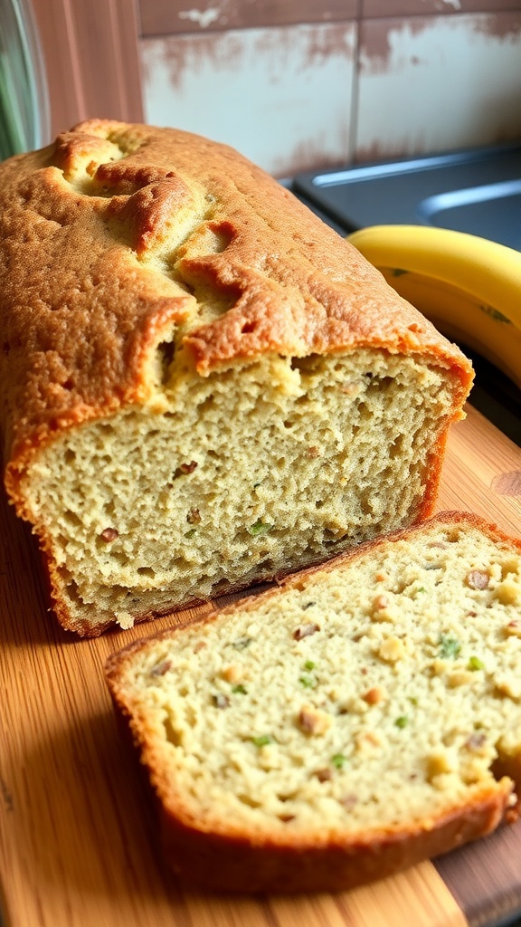 Sliced zucchini banana bread on a wooden board, highlighting its moist texture and flecks of zucchini.